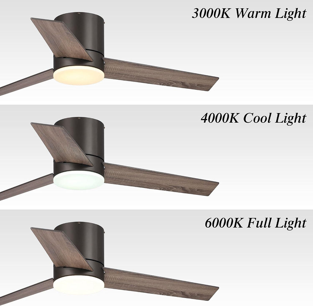 Parrot Uncle Ceiling Fans with Lights and Remote Low Profile Flush Mount Ceiling Fan with Light for Bedroom, Light Color Adjustable, 48 Inch, Brown