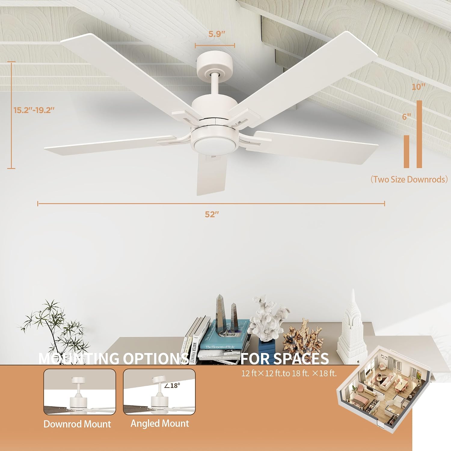 Ceiling Fan with Light Remote: 52 inch Modern Bedroom Fans with Dimmable Tri-Color Temperatures LED - Quiet Reversible DC Motor - Indoor Home Use (Matte White-5, 52 Inch)