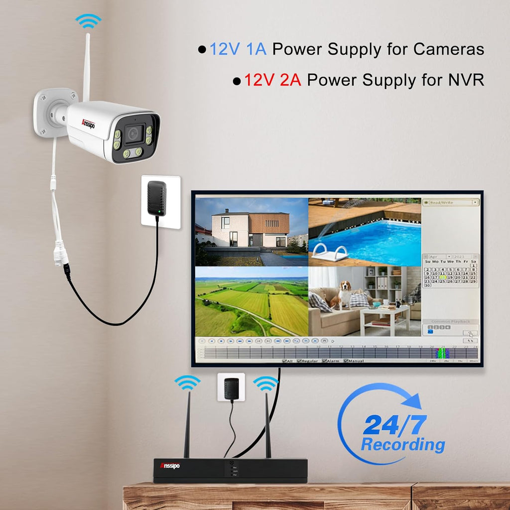 3MP Plug-in WiFi Home Security Camera System, 8 Outdoor/Indoor Surveillance Cameras, 4K 8CH NVR with 2TB Hard Drive, Siren & Spotlight Alarm, Human/Vehicle Detection, Color Night Vision, 2-Way Talk