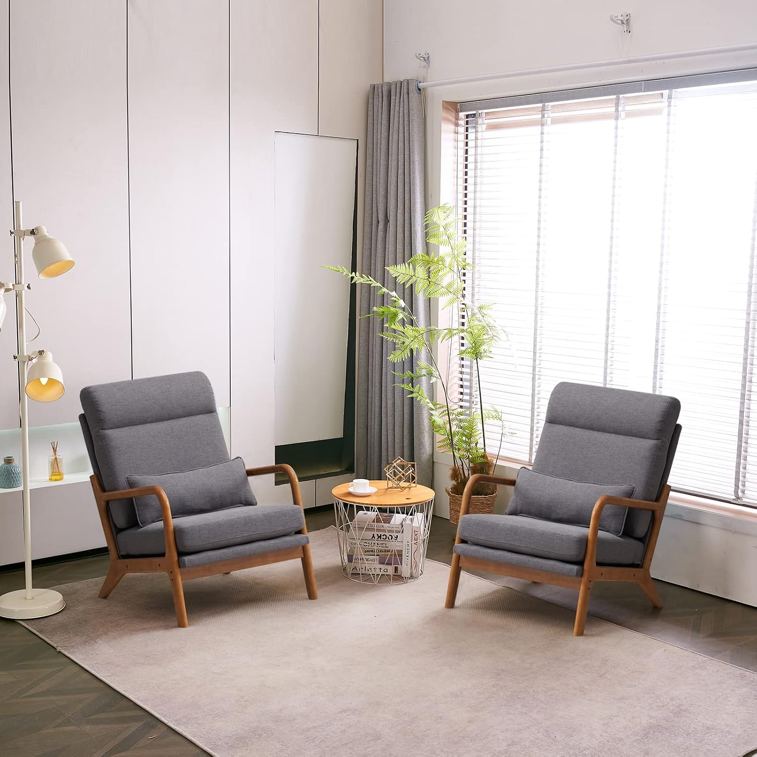 Karl home Accent Chair Mid-Century Modern Chair with Pillow High Back Linen Fabric Upholstered Lounge Arm Chair with Solid Wood Frame & Soft Cushion for Living Room, Bedroom, Balcony, Gray