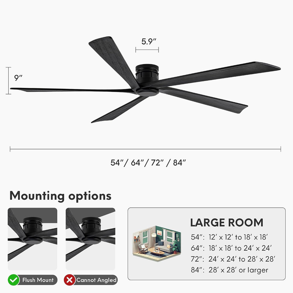 EKIZNSN 64 Inch Outdoor Low Profile Flush Mount Ceiling Fans without Lights for Patios, 110V Noiseless Reversible DC Motor, 6-Gear Speed (Black Finish with Black Blades)