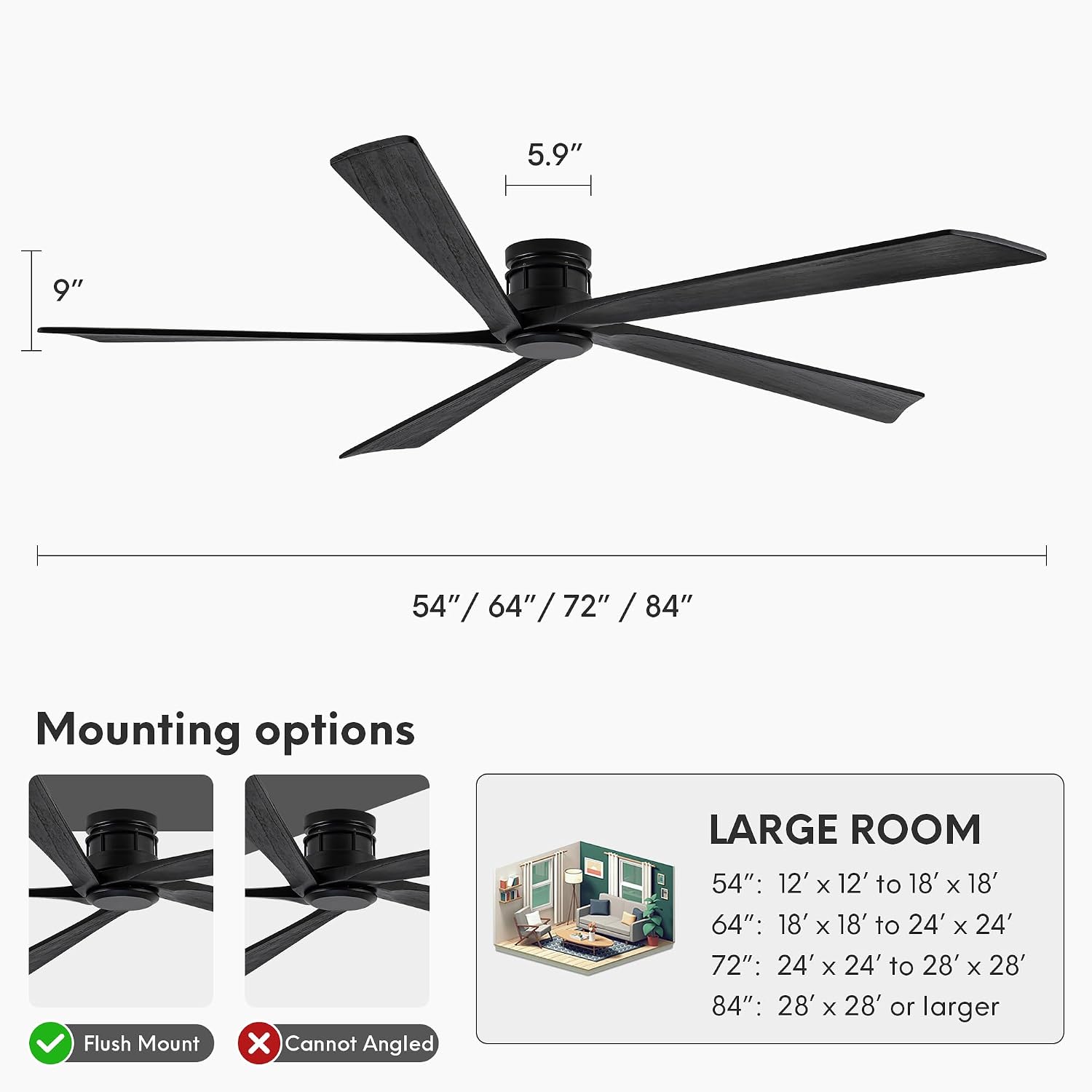 EKIZNSN 64 Inch Outdoor Low Profile Flush Mount Ceiling Fans without Lights for Patios, 110V Noiseless Reversible DC Motor, 6-Gear Speed (Black Finish with Black Blades)
