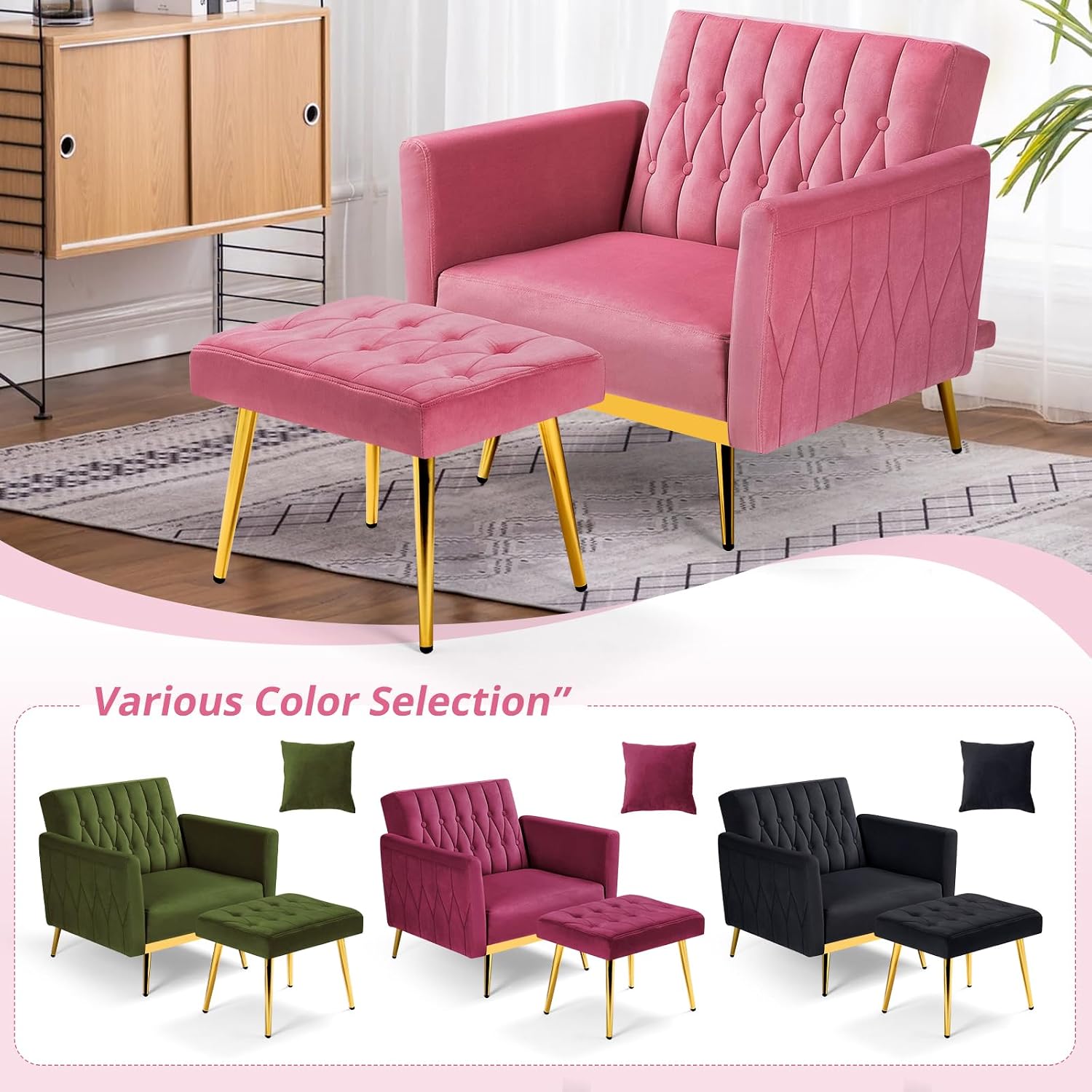 Velvet Accent Chair with Adjustable Armrests and Backrest, Button Tufted Lounge Chair, Single Recliner Armchair with Ottoman and Pillow for Living Room, Bedroom, Pink