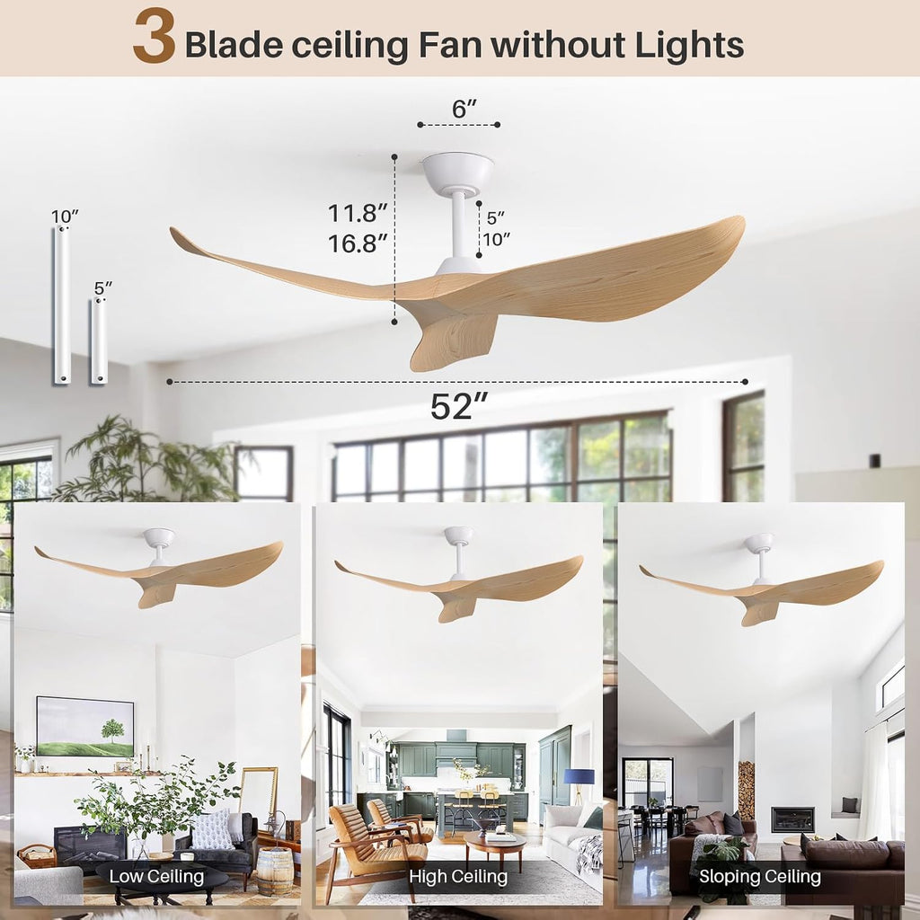 CACI Mall 52 Inch Ceiling Fans No Light, 3 blade ceiling fan without light, Modern, Remote Control, 6 Speeds, Timer, Quiet Reversible DC Motor for Indoor, Living room, Bedroom