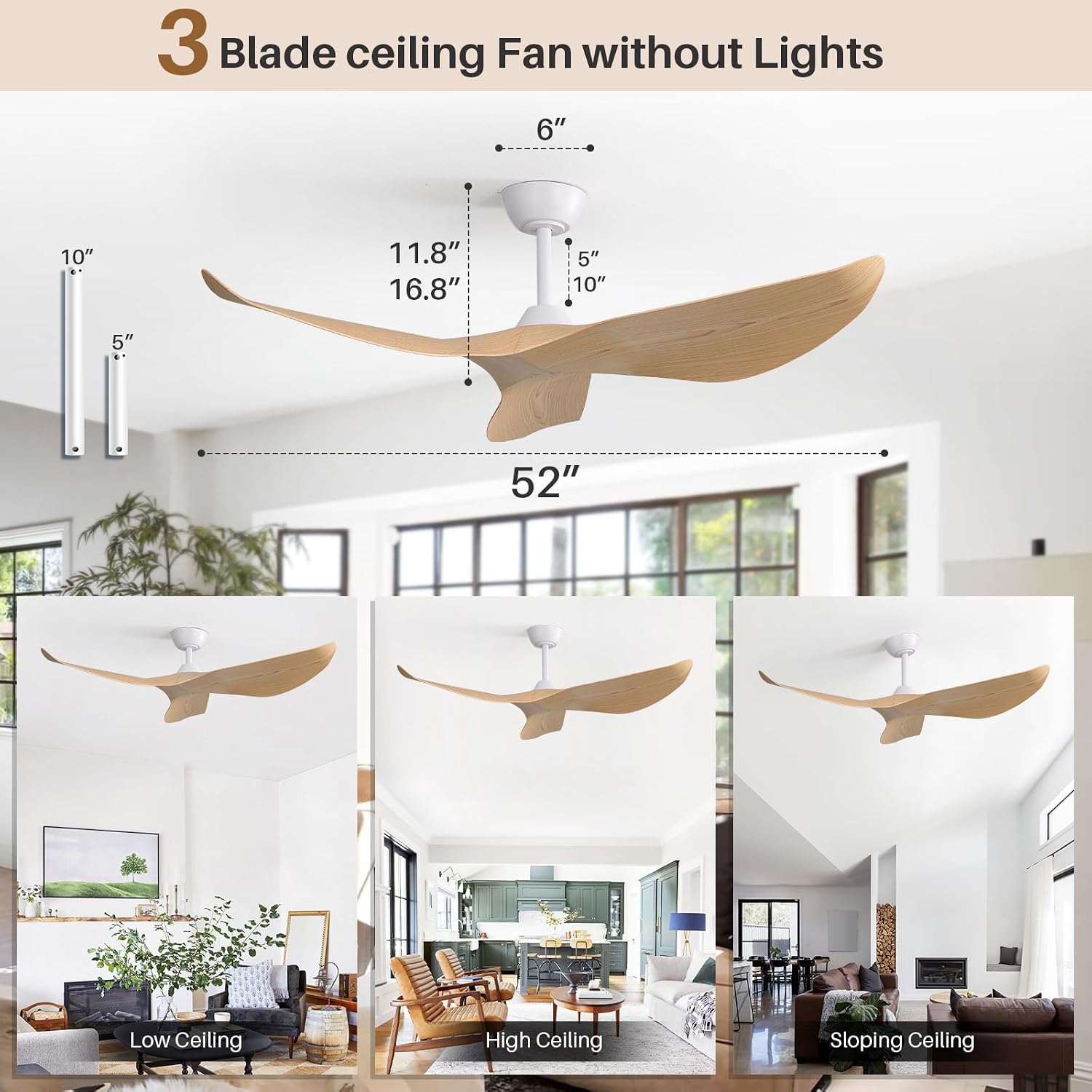 CACI Mall 52 Inch Ceiling Fans No Light, 3 blade ceiling fan without light, Modern, Remote Control, 6 Speeds, Timer, Quiet Reversible DC Motor for Indoor, Living room, Bedroom