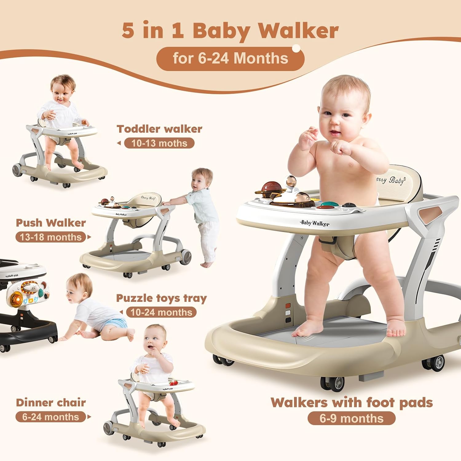 Baby Walker,Music & Lights Baby Walker with Wheels,9 Adjustable Heights Baby Activity Center,Baby Walkers with Foot Pads for Boys Girls Babies 6-18 Months,Anti-Fall Bouncer Combo