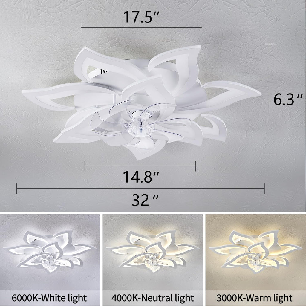 Dalouguan 32' White Ceiling Fan with Light Remote Control, Modern Geometric Ceiling Fan with Lights, 6 Speeds 3 Light Color Low Profile Ceiling Fan for Kitchen Bedroom