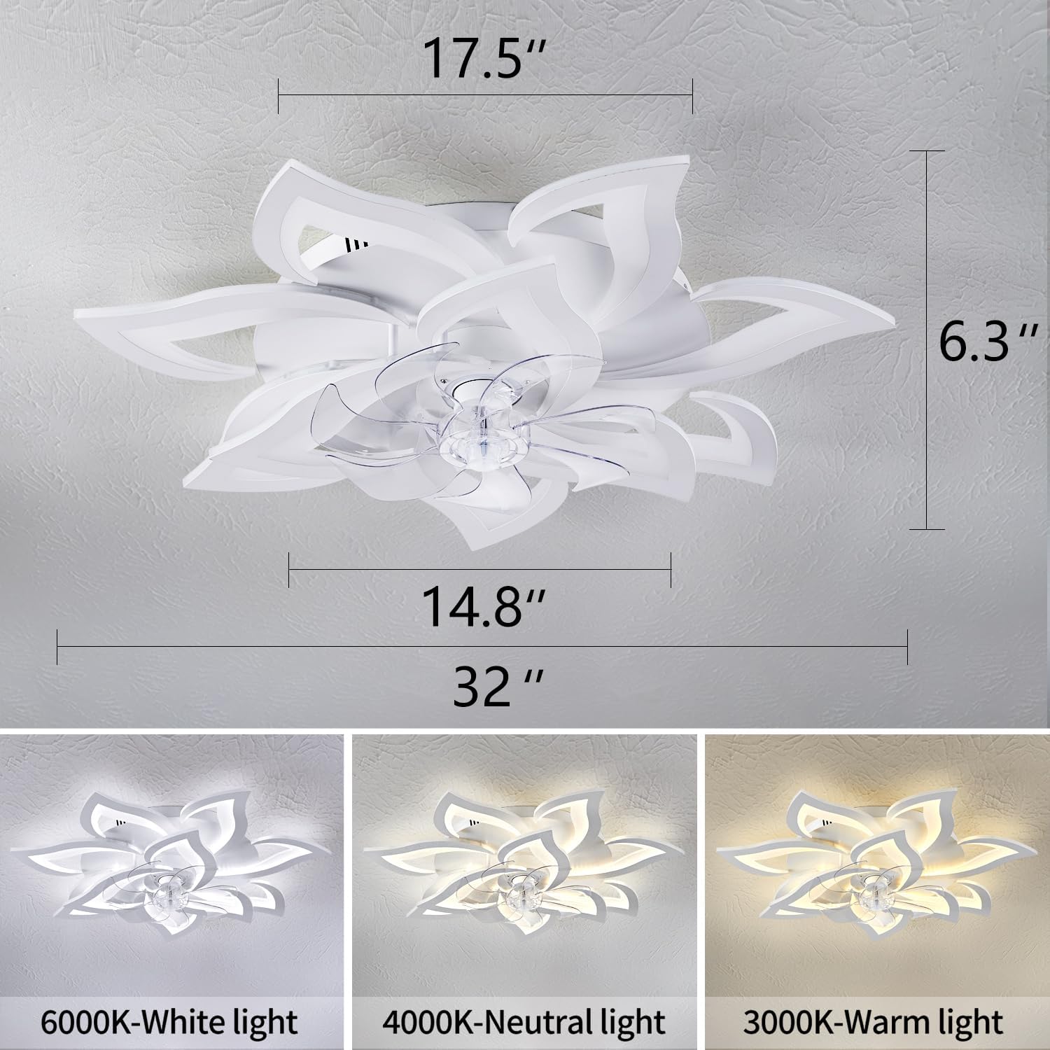 Dalouguan 32' White Ceiling Fan with Light Remote Control, Modern Geometric Ceiling Fan with Lights, 6 Speeds 3 Light Color Low Profile Ceiling Fan for Kitchen Bedroom