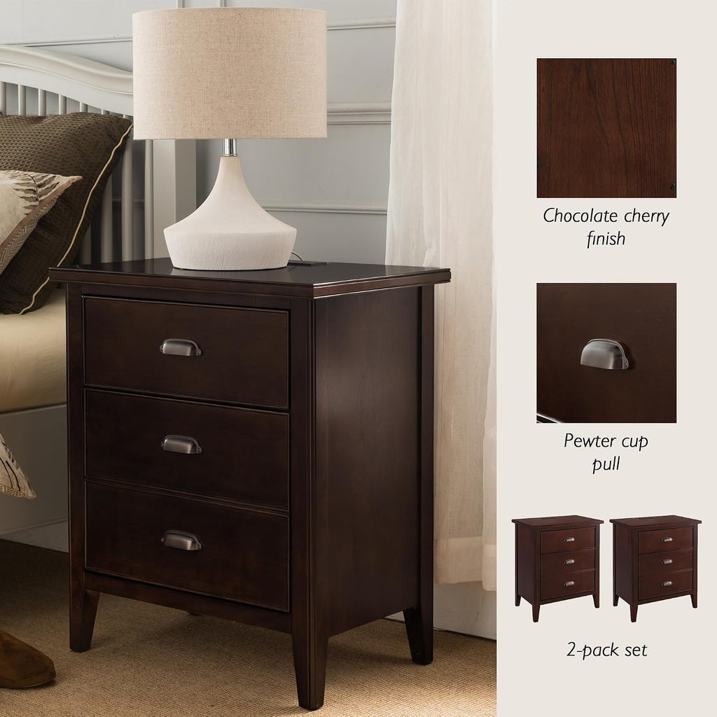 Leick Home 10522 Laurent Nightstand with Drawer, Door with USB-C Fast Charging Station and AC/USB Outlet, 2-Pack, Chocolate Cherry