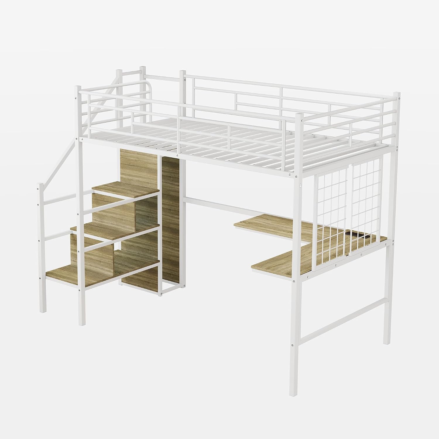 Twin Size Metal Loft Bed with L-Shaped Desk & Storage Wardrobe, Heavy Duty Bed Frame w/Reversible Stairs (Built-in Storage) + USB Port, Space-Saving Noise-Free, No Box Spring Needed