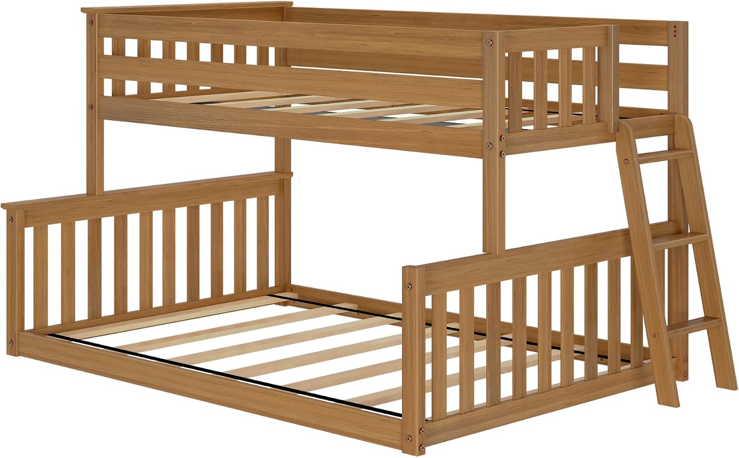 Twin Over Full Low Bunk with Angled Ladder on End, Pecan