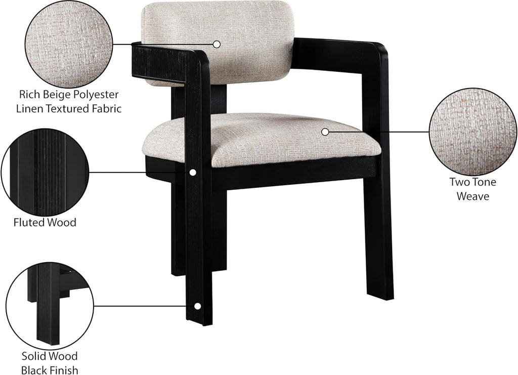 Meridian Furniture Sacha Collection Art Deco Dining Chair, Solid Fluted Wood, 22.5' W x 22' D x 31' H, Set of 2 (Beige, Black Finish, Linen Textured Fabric)