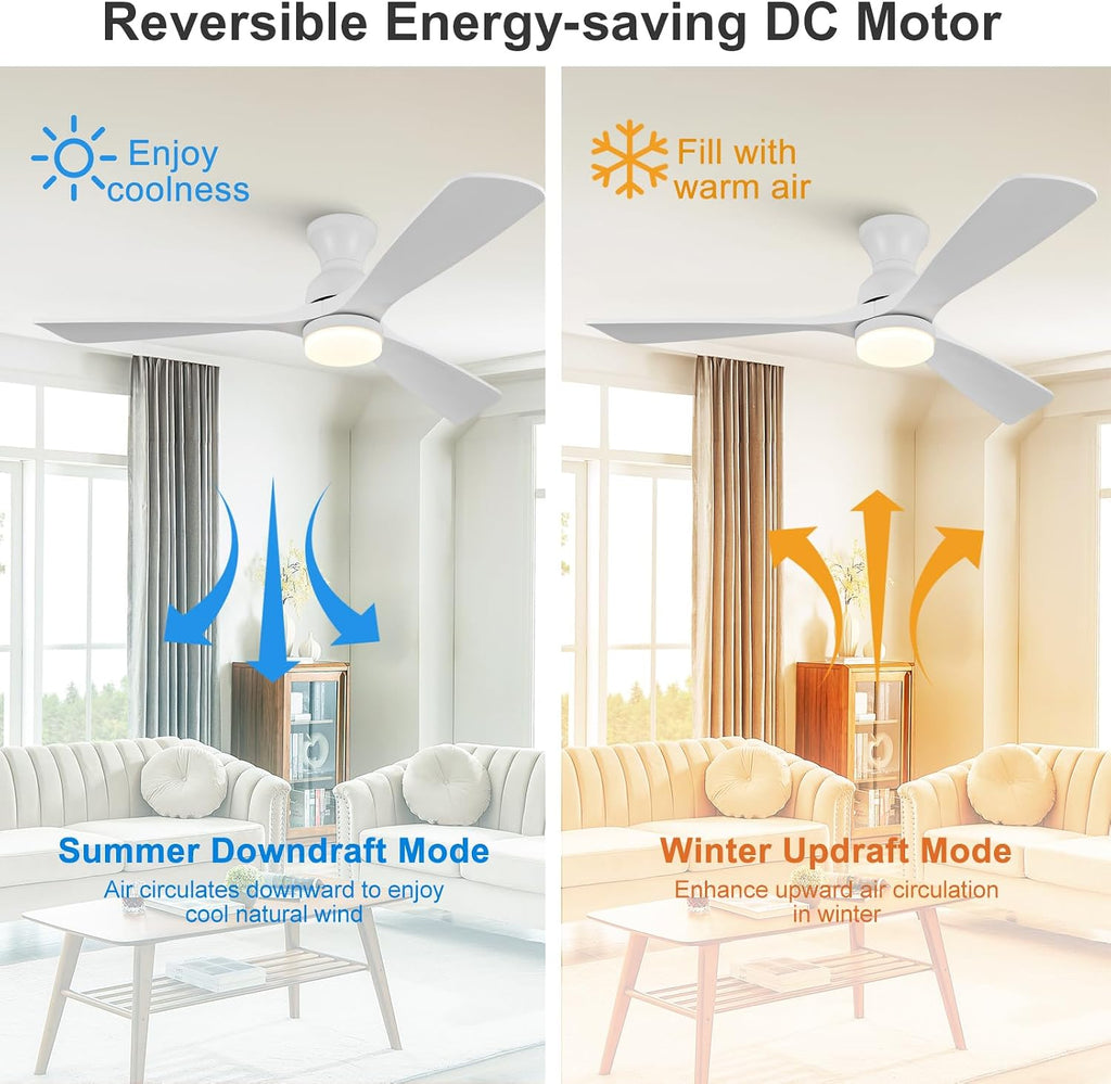 52 Inch Low Profile Ceiling Fan with Light and Remote, Dimmable, Quiet 6 Speeds DC Motor Wood Flush Mount Ceiling Fan, Hugger Ceiling Fans with Lights, Indoor Outdoor White Ceiling Fan