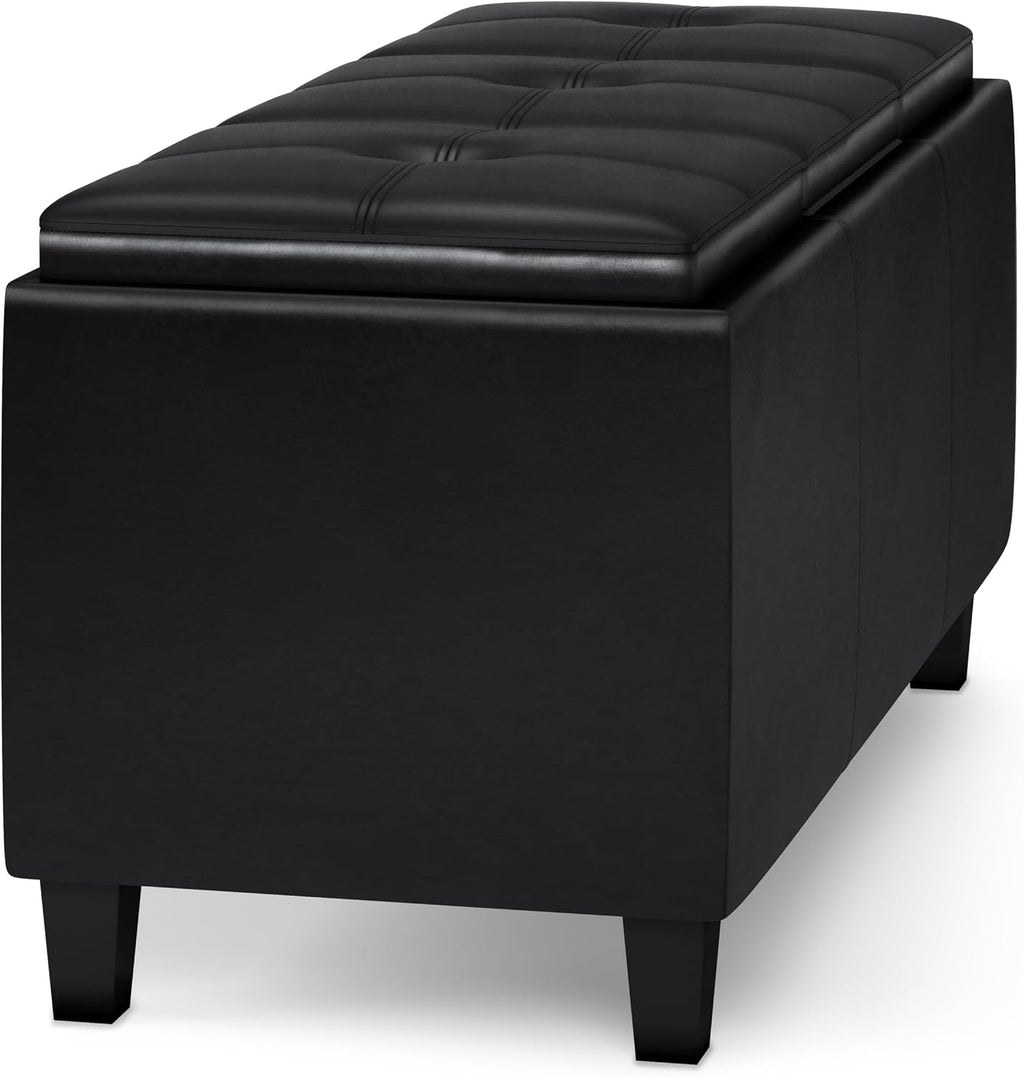SIMPLIHOME Avalon 42 inch Wide Contemporary Rectangle Tray Storage Ottoman with Lift Up Lids in Midnight Black Vegan Faux Leather, Assembled, for the Living Room, Entryway and Family Room