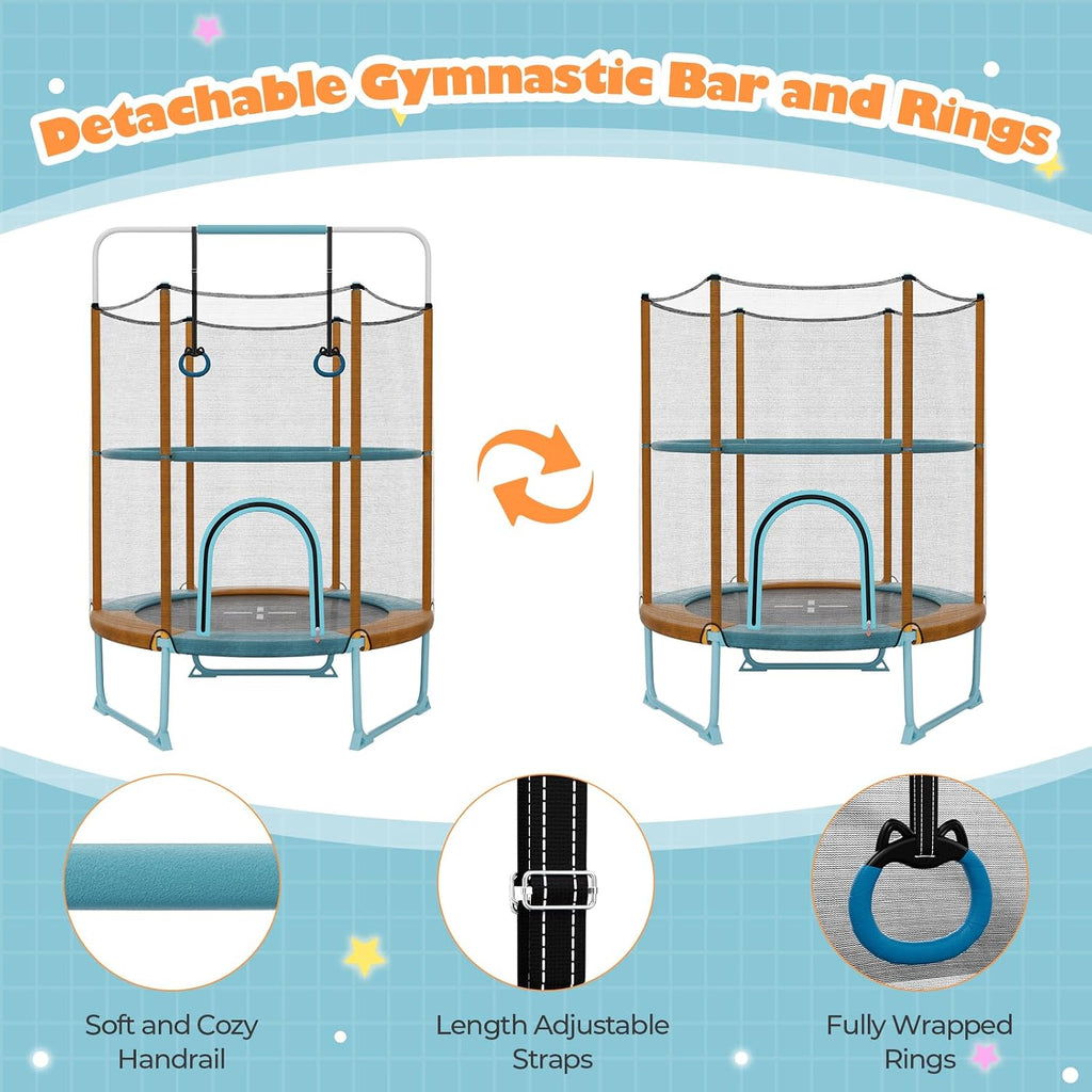 Goplus 60'' Trampoline for Kids, 3-in-1 Toddler Trampoline with Gymnastic Bar, Swinging Rings, Heightened Safety Enclosure Net, 5 FT Indoor Outdoor Recreational Rebounder for Boys Girls