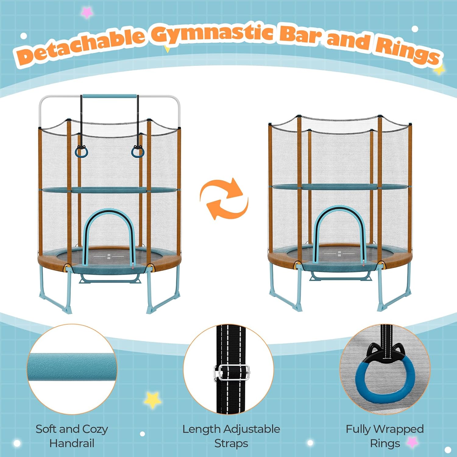 Goplus 60'' Trampoline for Kids, 3-in-1 Toddler Trampoline with Gymnastic Bar, Swinging Rings, Heightened Safety Enclosure Net, 5 FT Indoor Outdoor Recreational Rebounder for Boys Girls