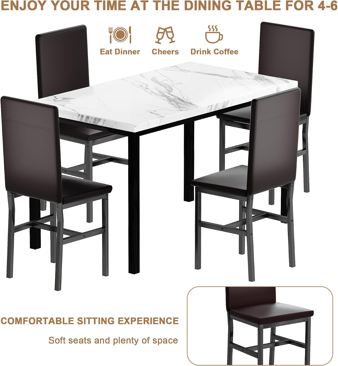 DKLGG Dining Table Set for 4, Modern Kitchen & Dining Room Sets Faux Marble Table with 4 Leather Chairs for Small Space, Home Kitchen, Apartment, White