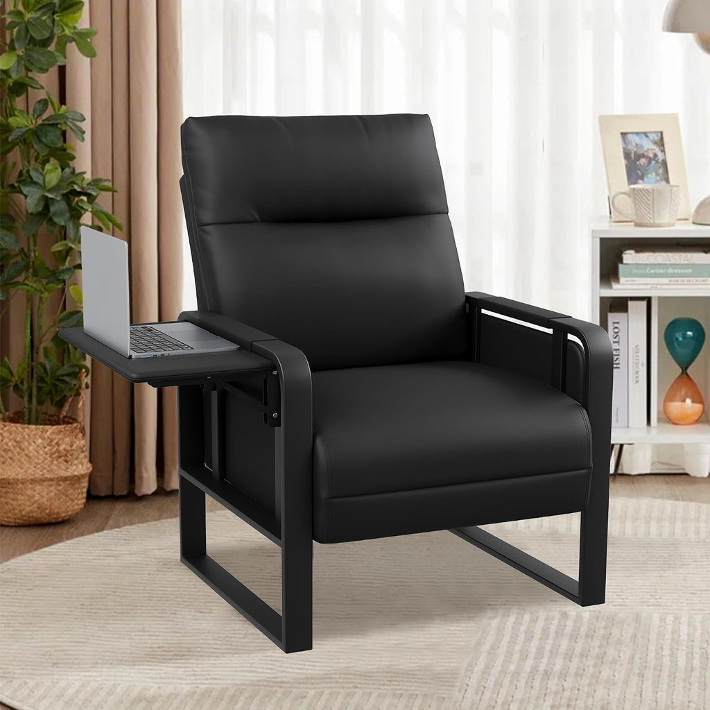 Modern Black Accent Chair PU Leather Upholstered Armchair with Foldable Side Table for Bedroom Living Room Chairs Office Chair