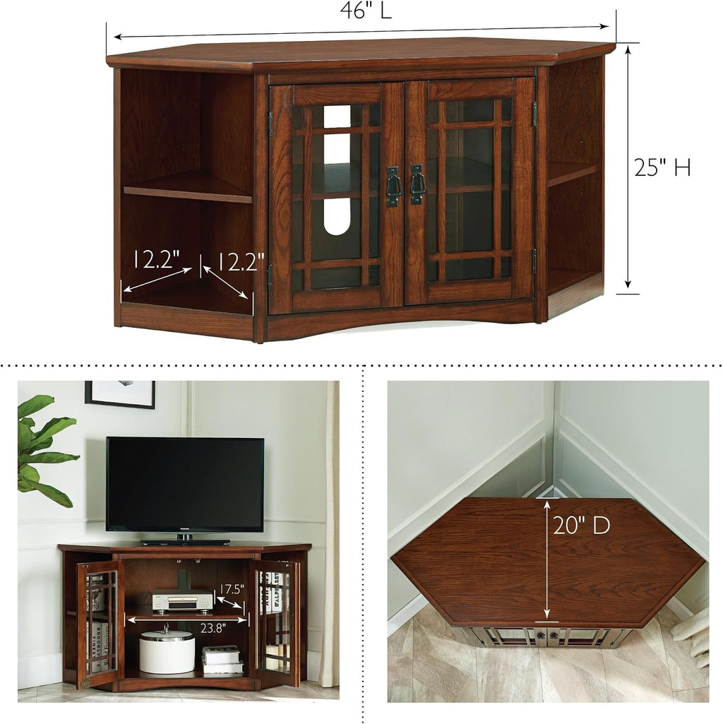 Leick Home 82287 Solid Wood Mission Oak Two Door Corner TV Stand For 50' TVs Living Room Storage Shelves Entertainment Center, Mission Oak TV Console