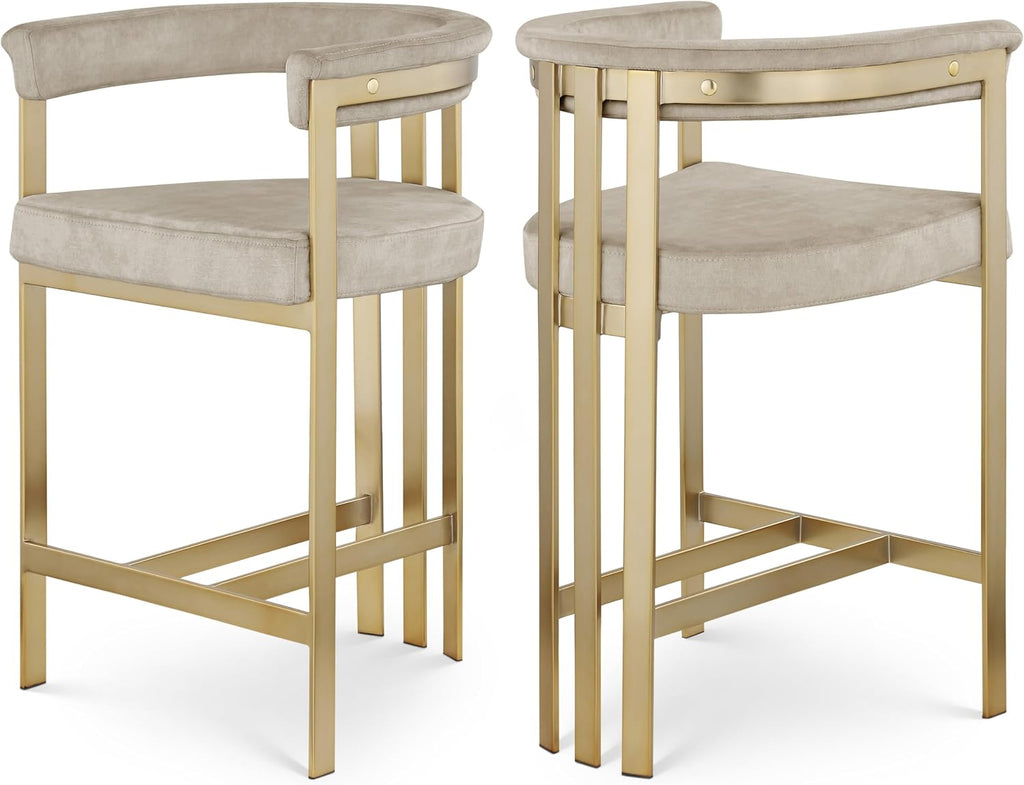 Meridian Furniture 596Stone-C Marcello Collection Modern | Contemporary Velvet Upholstered Counter Height Stool with Brushed Brass Iron Frame, 22.5' W x 20' D x 35.5' H, Stone, Set of 2