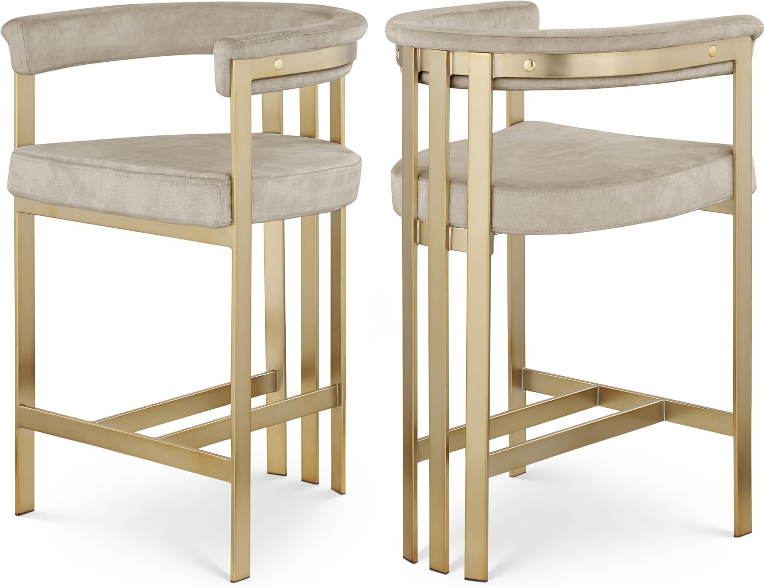 Meridian Furniture 596Stone-C Marcello Collection Modern | Contemporary Velvet Upholstered Counter Height Stool with Brushed Brass Iron Frame, 22.5' W x 20' D x 35.5' H, Stone, Set of 2