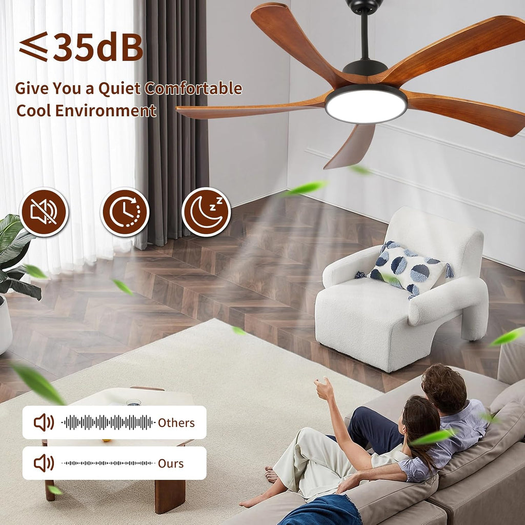 Wood Ceiling Fans with Lights and Remote Control LED Dimmable 52Inch Ceiling Fan DC Motor Reversible 5 Blade Wooden Ceiling Fans for Living Patio Matte Black