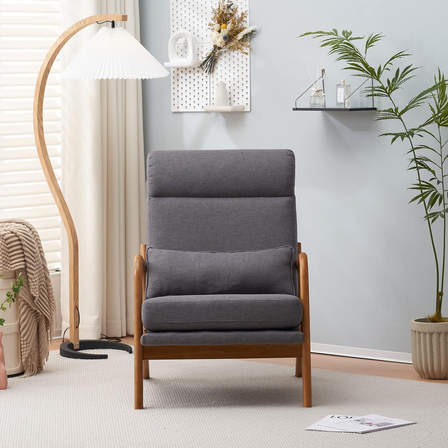 Karl home Accent Chair Mid-Century Modern Chair with Pillow High Back Linen Fabric Upholstered Lounge Arm Chair with Solid Wood Frame & Soft Cushion for Living Room, Bedroom, Balcony, Gray