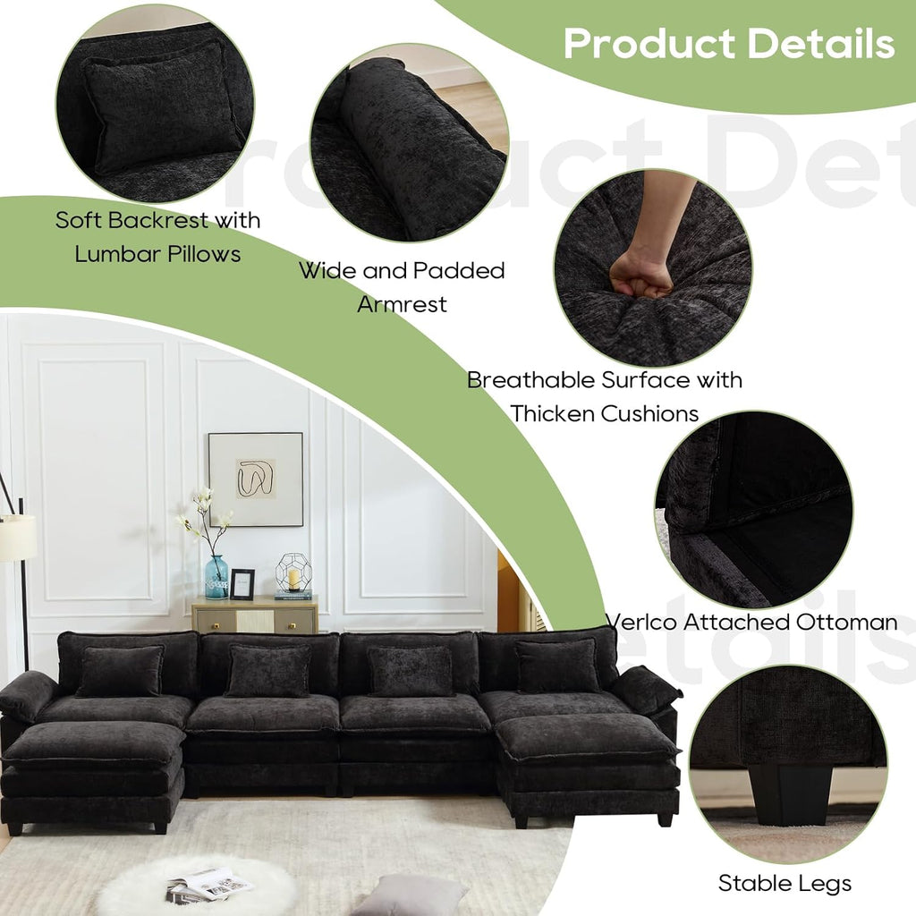 Oprisen 154' Modular Sectional Sofa, Comfy Cloud Couch Sectional Sofa with Ottoman, Chenille Sofa Sleeper Deep Seat Sofa with Throw Pillows for Living Room (Black, 154'- U Shape)