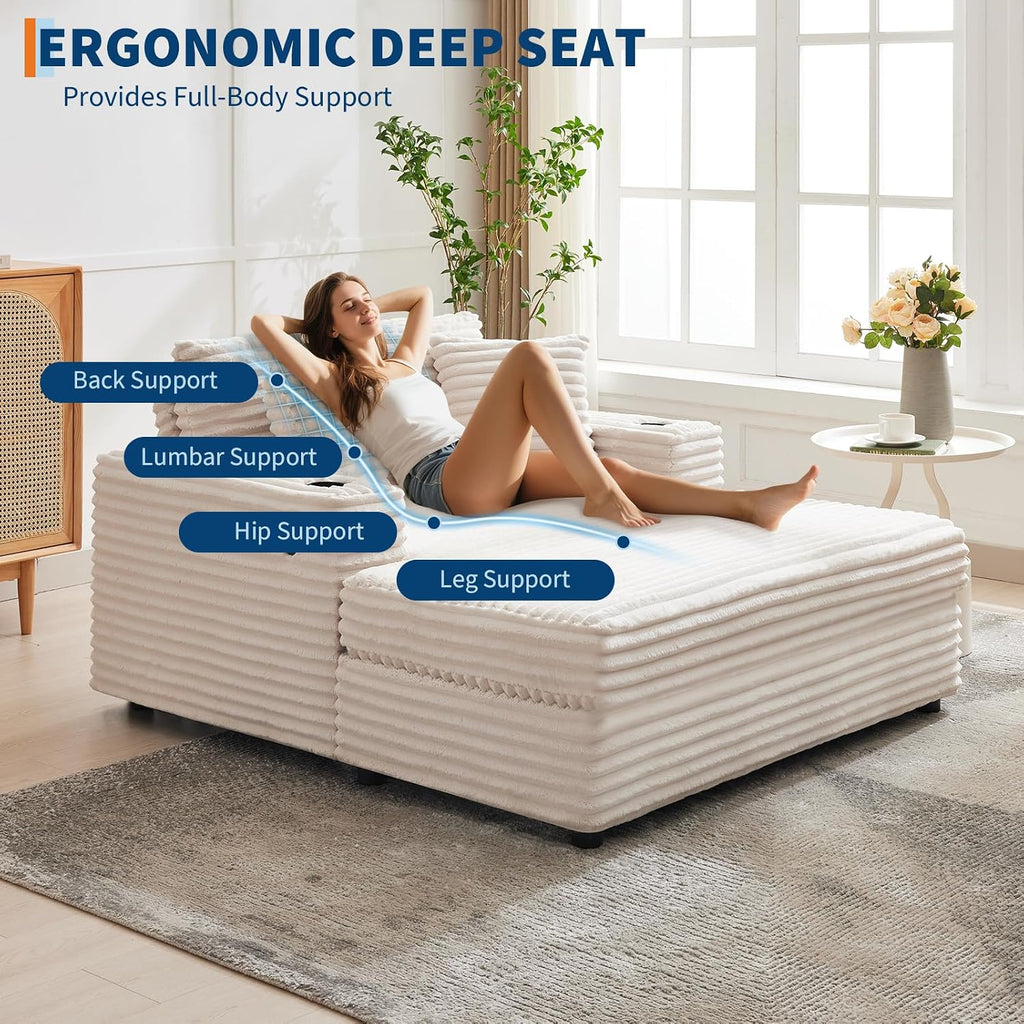GarveeHome 60-inchOversized Chaise Lounge Chair Indoor, Comfy Corduroy Lounge Sofa with Charging Station, Cup Holders & Throw Pillows, Cozy Sleeper Couch for Living Room Apartments, Beige