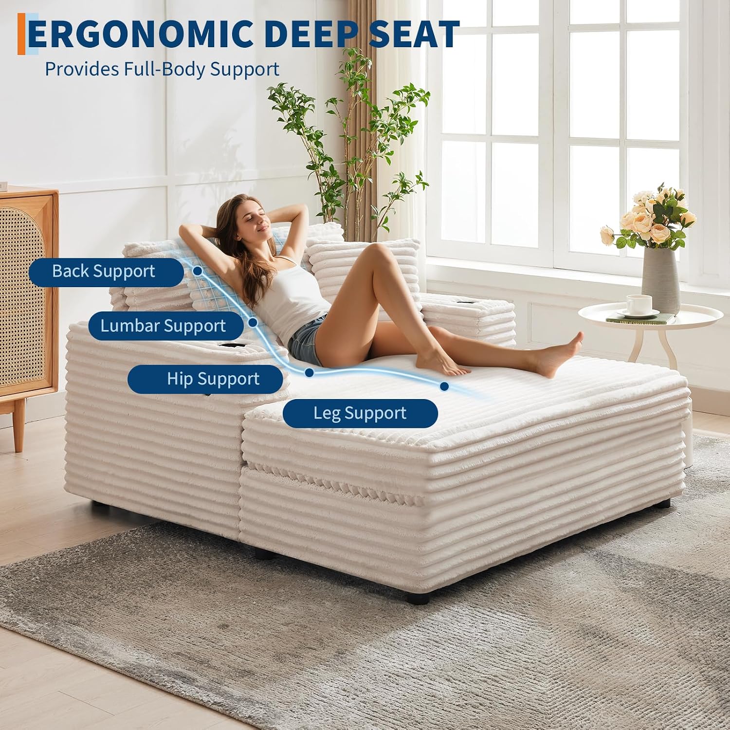GarveeHome 60-inchOversized Chaise Lounge Chair Indoor, Comfy Corduroy Lounge Sofa with Charging Station, Cup Holders & Throw Pillows, Cozy Sleeper Couch for Living Room Apartments, Beige