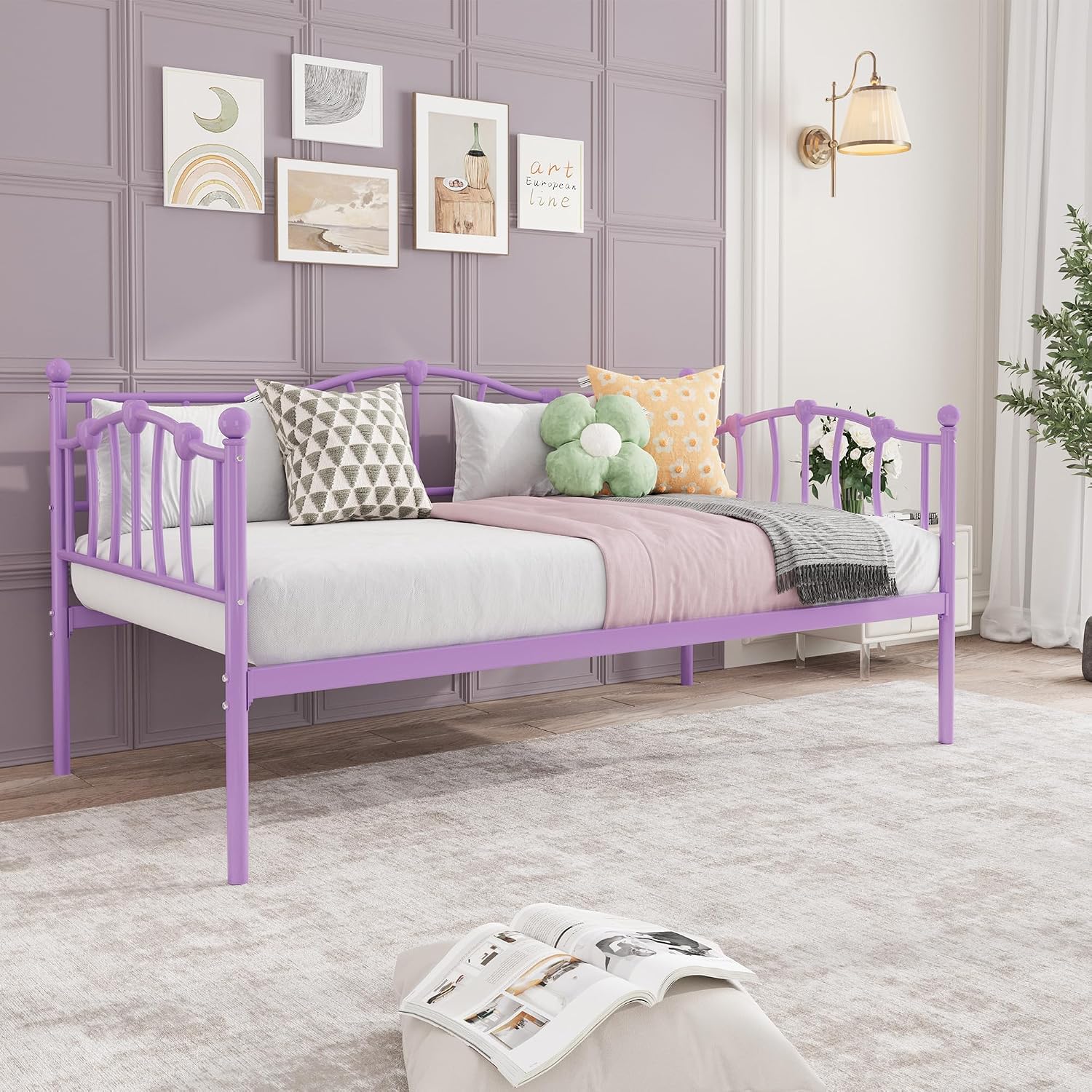 GarveeHome Twin Size Daybed Frame, Sofa Bed with Stylish Headboard, Heavy Duty Steel Slat Support, Space Saving for Living Room/Bedroom/Guest Room, Purple