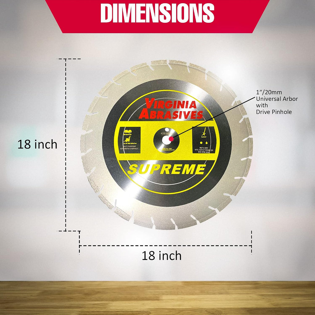 Virginia Abrasives 425-06264 - 1pc 18' Pro-Cut Multi-Purpose High Speed Diamond Blade - Wet/Dry Cutter - High-Speed Performance Tool (18' x .125' x 1'/20mm) - Ideal for Concrete, and Asphalt