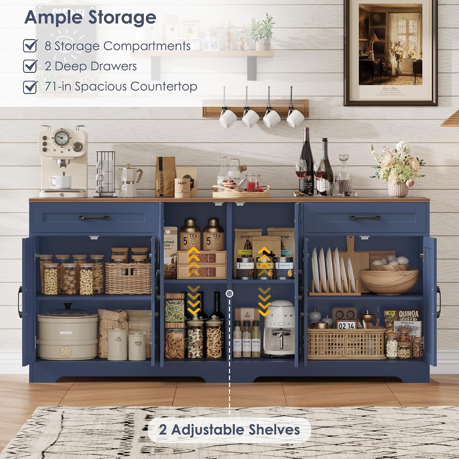 71' Large Sideboard Buffet Cabinet with Storage, Farmhouse Kitchen Buffet Cabinet with Adjustable Shelves and 6 Barn Doors, Wood Coffee Wine Bar Console Table for Kitchen, Dining Room, Navy Blue