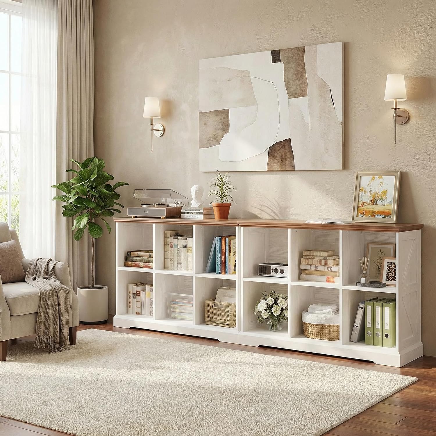 IRONCK 6 Cube Storage Organizer, Wooden Cube Shelf with Storage, Farmhouse Bookcase for Bedroom, Living Room and Home Office, White