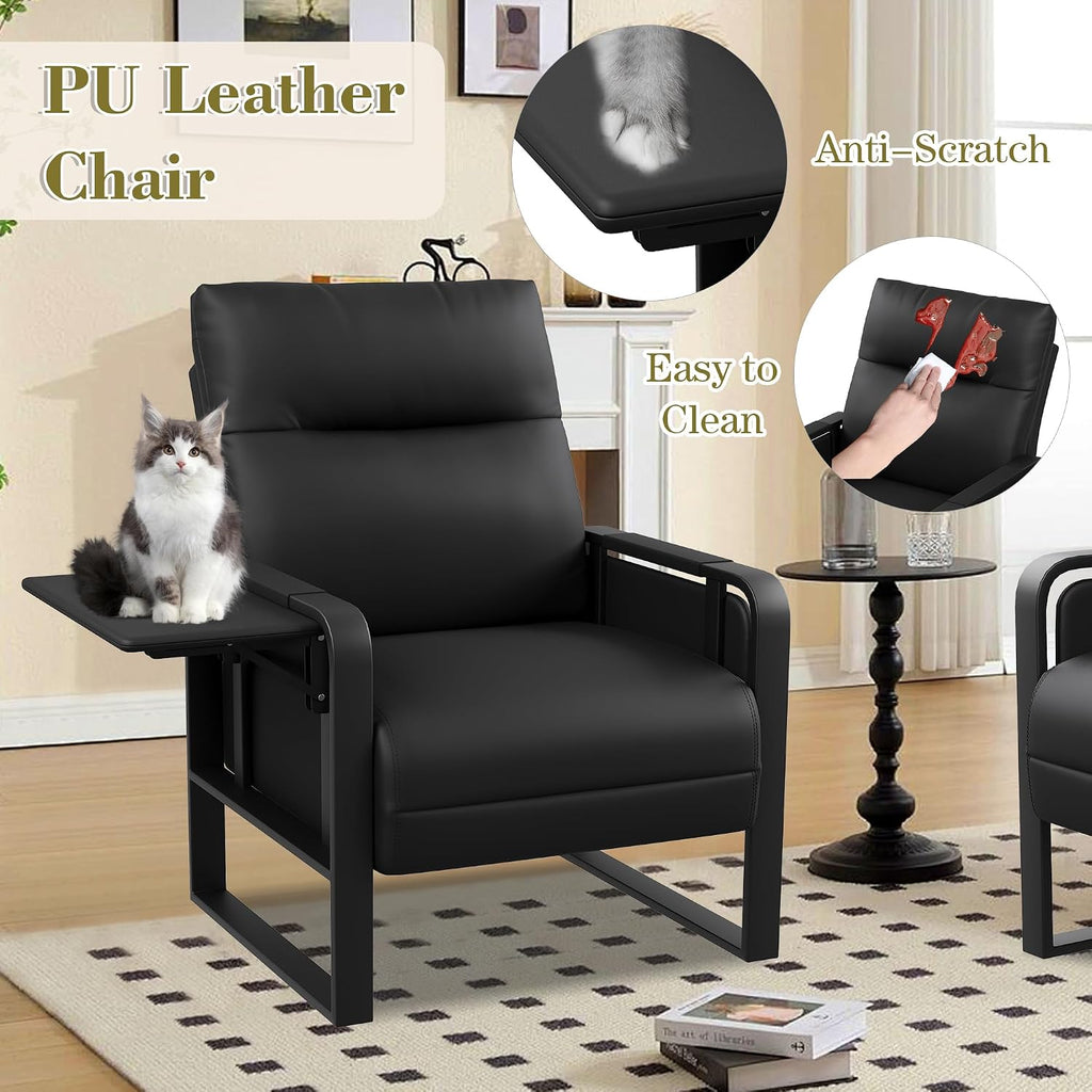 Modern Black Accent Chair PU Leather Upholstered Armchair with Foldable Side Table for Bedroom Living Room Chairs Office Chair