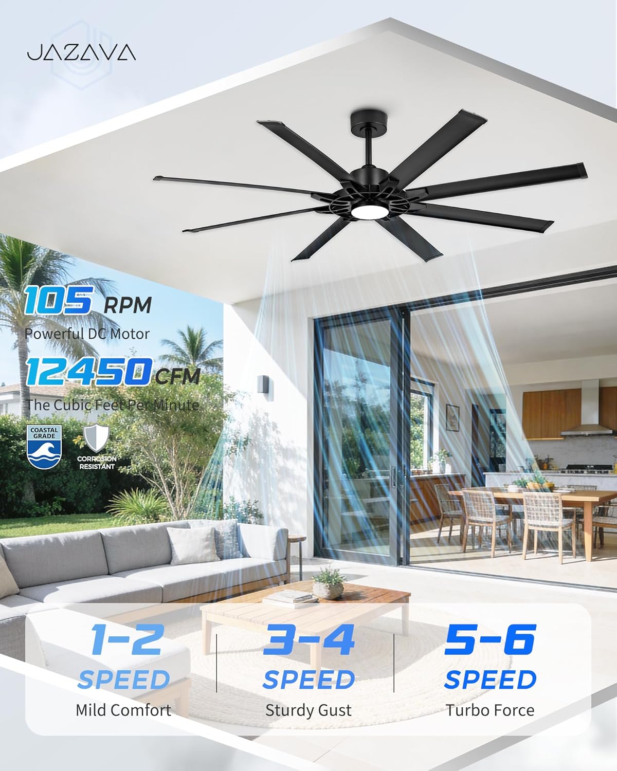 72 Inch Ceiling Fan With Light, Industrial Ceiling Fan With 8 Aluminium Metal Blades, Smart Fan Compatible with Alexa, Garage Indoor Fan For Living Room and Patio, ZCCF05ABK-72