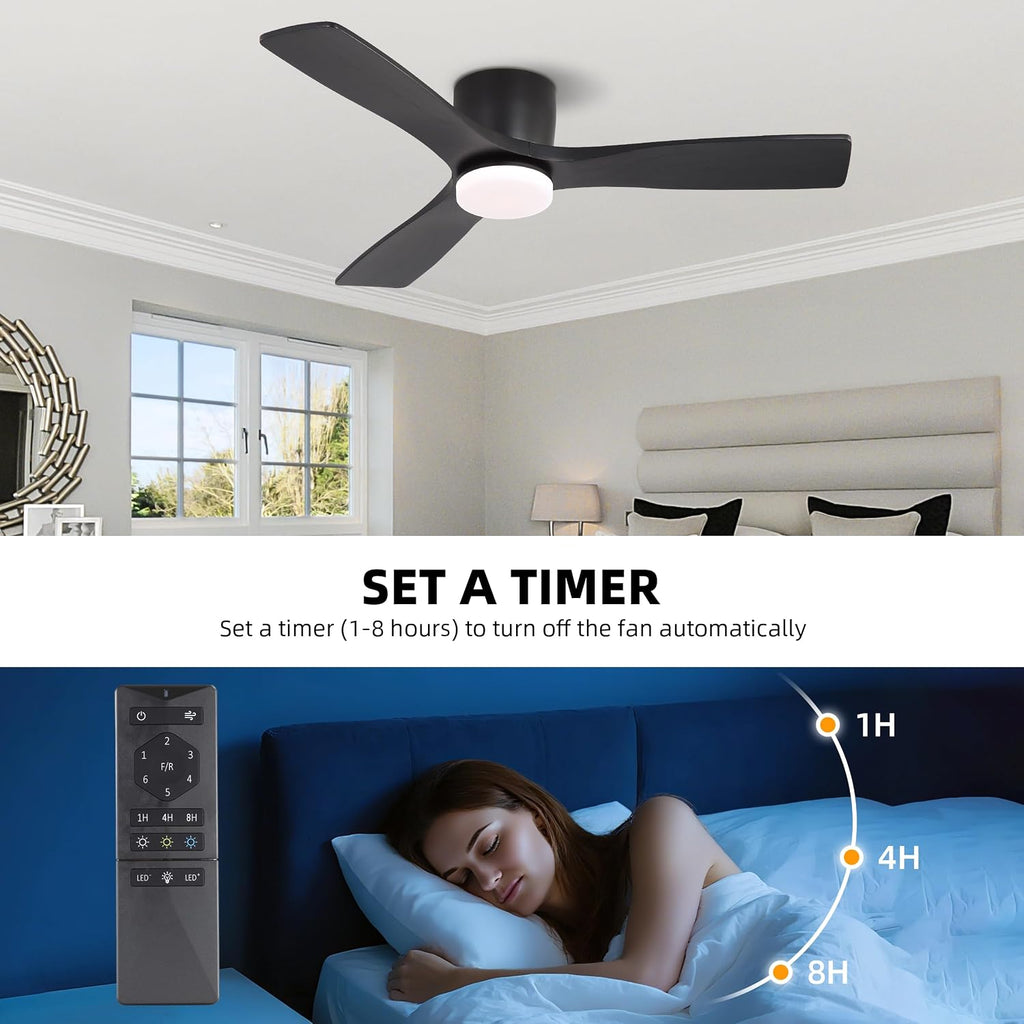 WINGBO 48 Inch Flush Mount DC Ceiling Fan, 3CCT Dimmable Light, 3 Carved Wood Blades, 6-Speed Noiseless Reversible DC Motor, Hugger Low Profile Fan, Matte Black Finish with Black Blades, ETL Listed