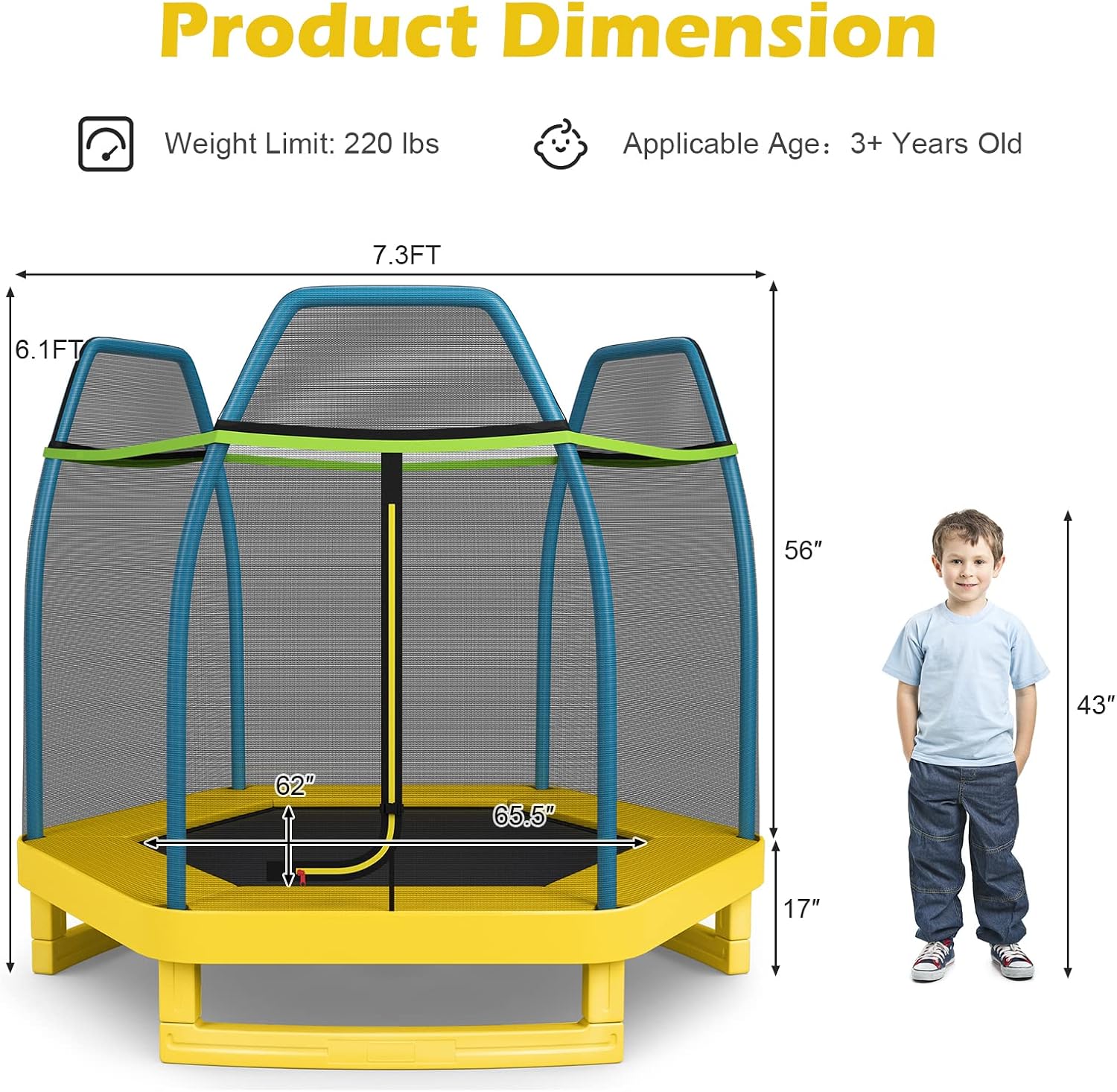 GYMAX Trampoline for Kids, 7FT Toddler Trampoline with Safety Enclosure Net & Seamless Spring Pad, Heavy Duty Small Indoor/Outdoor Trampoline for Boys, Girls Age 3+