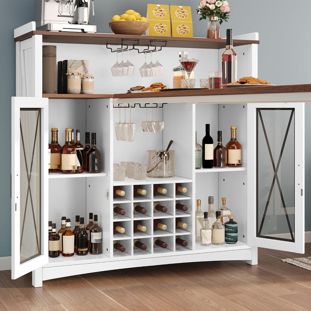 YITAHOME Mini Bar Unit for Home with LED Light & Wine Bar Cabinet, Large Tall Height Bar Table with Wine Rack, Farmhouse Coffee Station with Storage Glasses Hanger for Kitchen Pub, Walnut & White