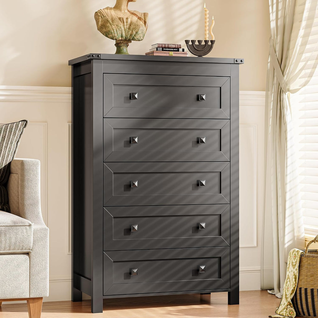 Xixini Dresser for Bedroom with 5 Drawers, Tall Wood Chest of Drawers, Modern Farmhouse Closet Clothes Organizer, Storage Tower Cabinet with Metal Handles for Hallway, Living Room, Entryway, Black