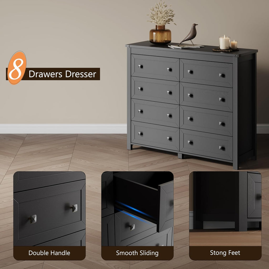 Dresser for Bedroom with 8 Drawers, Farmhouse Wood Chest of Drawers, Wide TV Stand Closet Storage Furniture with Metal Handle, Modern Clothes Organizer for Hallway, Living Room, Entryway, Black