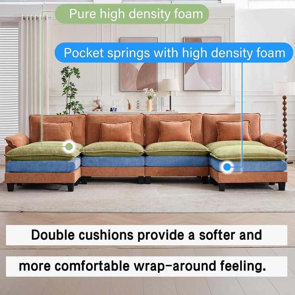Oprisen 154' Modular Sectional Sofa, Comfy Cloud Couch Sectional Sofa with Ottoman, Chenille Sofa Sleeper Deep Seat Sofa with Throw Pillows for Living Room (Orange, 154'- U Shape)