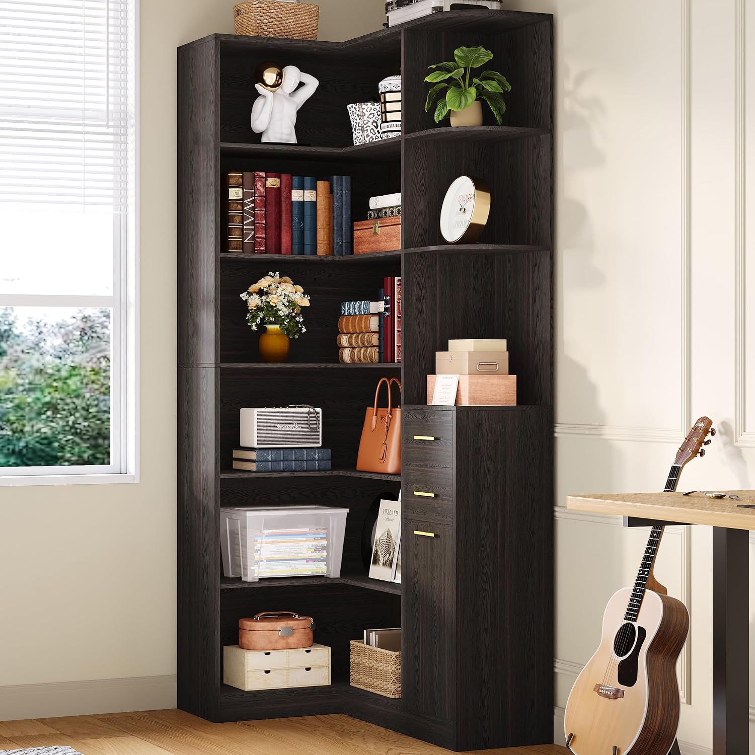IRONCK Corner Bookshelf, 76' Tall Corner Bookshelves, 6 Tiers L-Shaped Bookcase with 10 Open Shelves and 2 Storage Drawers for Living Room or Home Office, Dark Brown