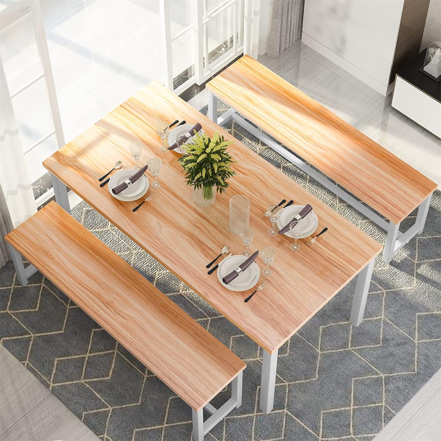 Dining Room Table Set with 2 Benches, Farmhouse Dining Table Set for 4, Wood Breakfast Dinner Table Set for Breakfast Nook Small Spaces, Beige