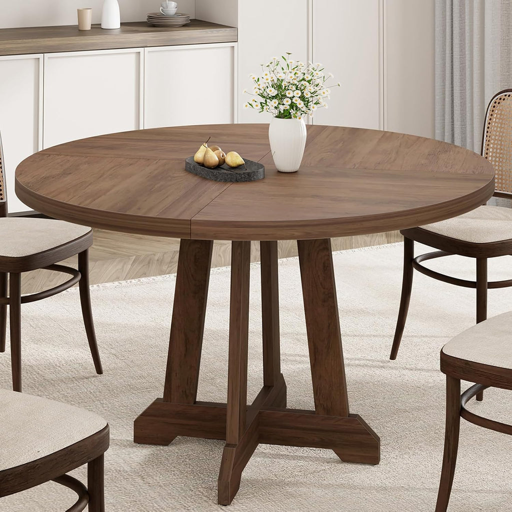 IDEALHOUSE Round Dining Table for 4, 47 Inches Dining Room Table with Wooden Base, Kitchen Table with Circle Tabletop, Dinner Table for Dining Room, Kitchen, Living Room, Brown
