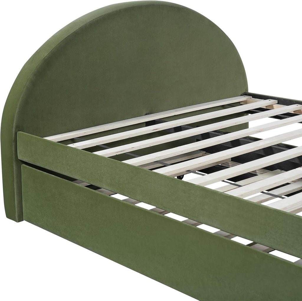 Christopher Knight Home Leonhart Velvet Upholstered Full Size Bed Frame with Headboard/Footboard, Day Bed Frame with Pull-Out Functionality, Iron Frame + Wooden Slat Trundle Bed Full, Olive Green