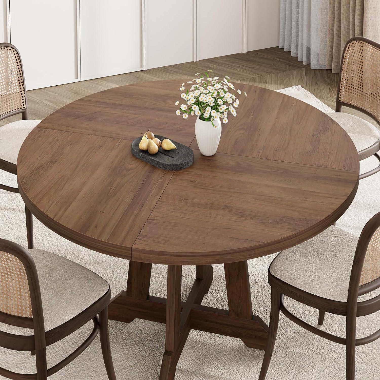 IDEALHOUSE Round Dining Table for 4, 47 Inches Dining Room Table with Wooden Base, Kitchen Table with Circle Tabletop, Dinner Table for Dining Room, Kitchen, Living Room, Brown