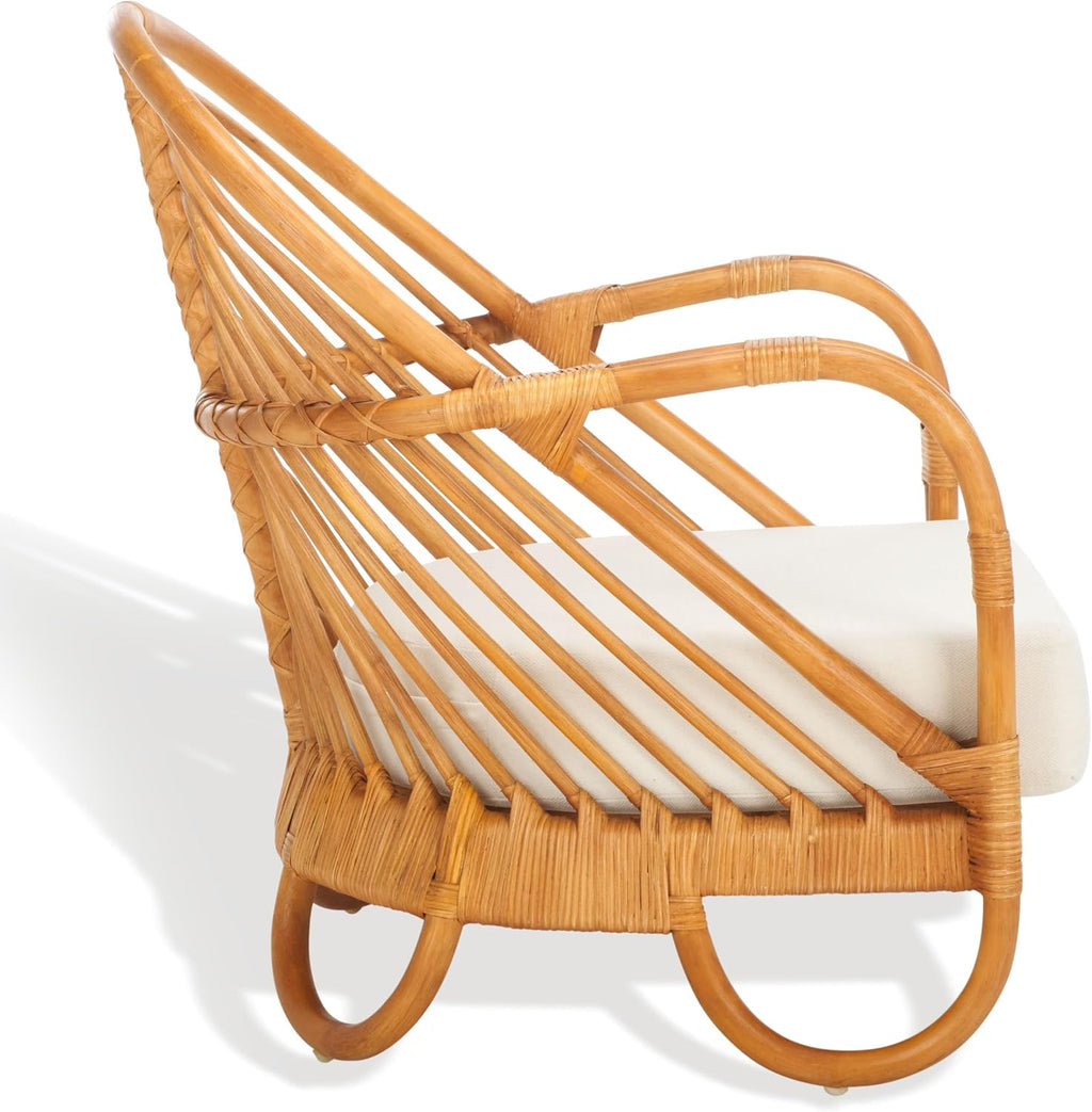 SAFAVIEH Couture Collection Ivybelle Tropical Coastal Natural Rattan/White Linen Cushion Accent Chair (Fully Assembled)