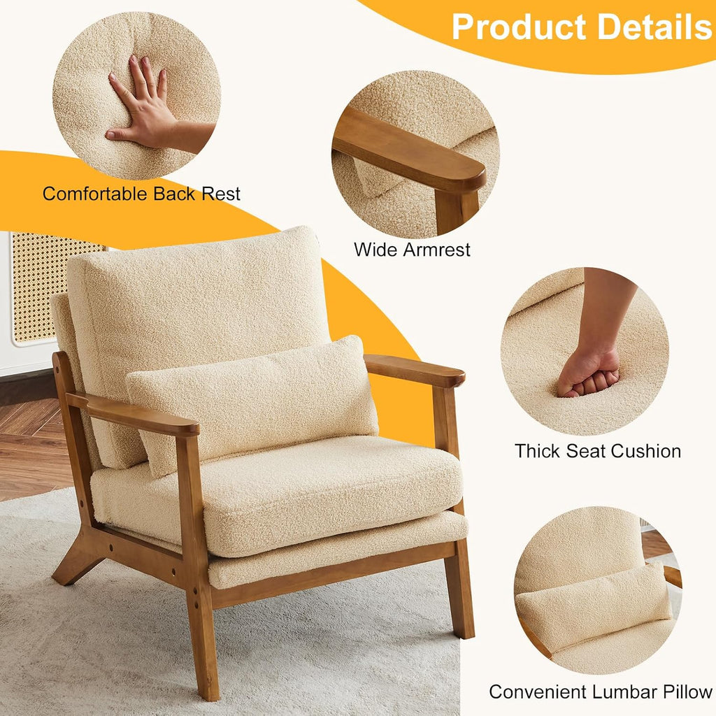 Karl home Accent Chair Wide Armrest Mid-Century Lounge Chair Teddy Fleece Armchair with Lumbar Pillow & Solid Wood Frame for Living Room, Bedroom, Balcony, Khaki