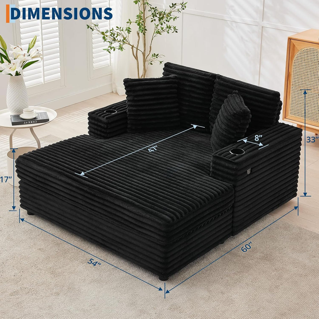 GarveeHome Oversized Chaise Lounge Chair Indoor, 56x60 in Comfortable Corduroy Lounge Sofa with Charging Ports & Cup Holders, Cozy Reading Couch for Bedroom Living Room Apartment, Black (Black)